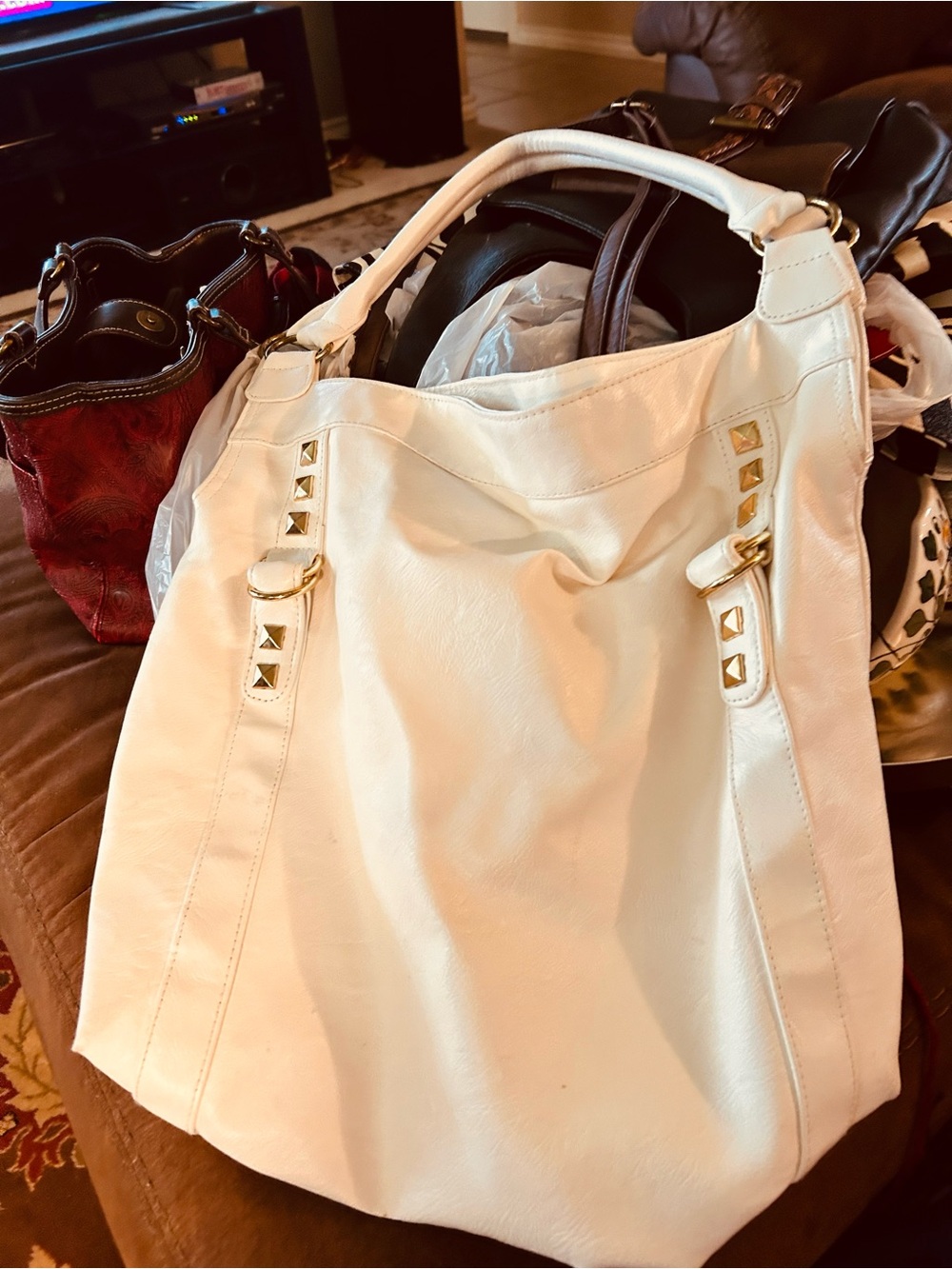 White Studded Leather Tote Bag - Classic Everyday Carry